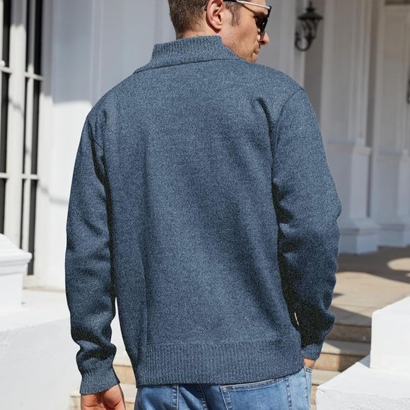 Men's Shawl Collar Cardigans Slim Fit Button Cable Knit Black Sweater Pockets - Picture 4 of 6